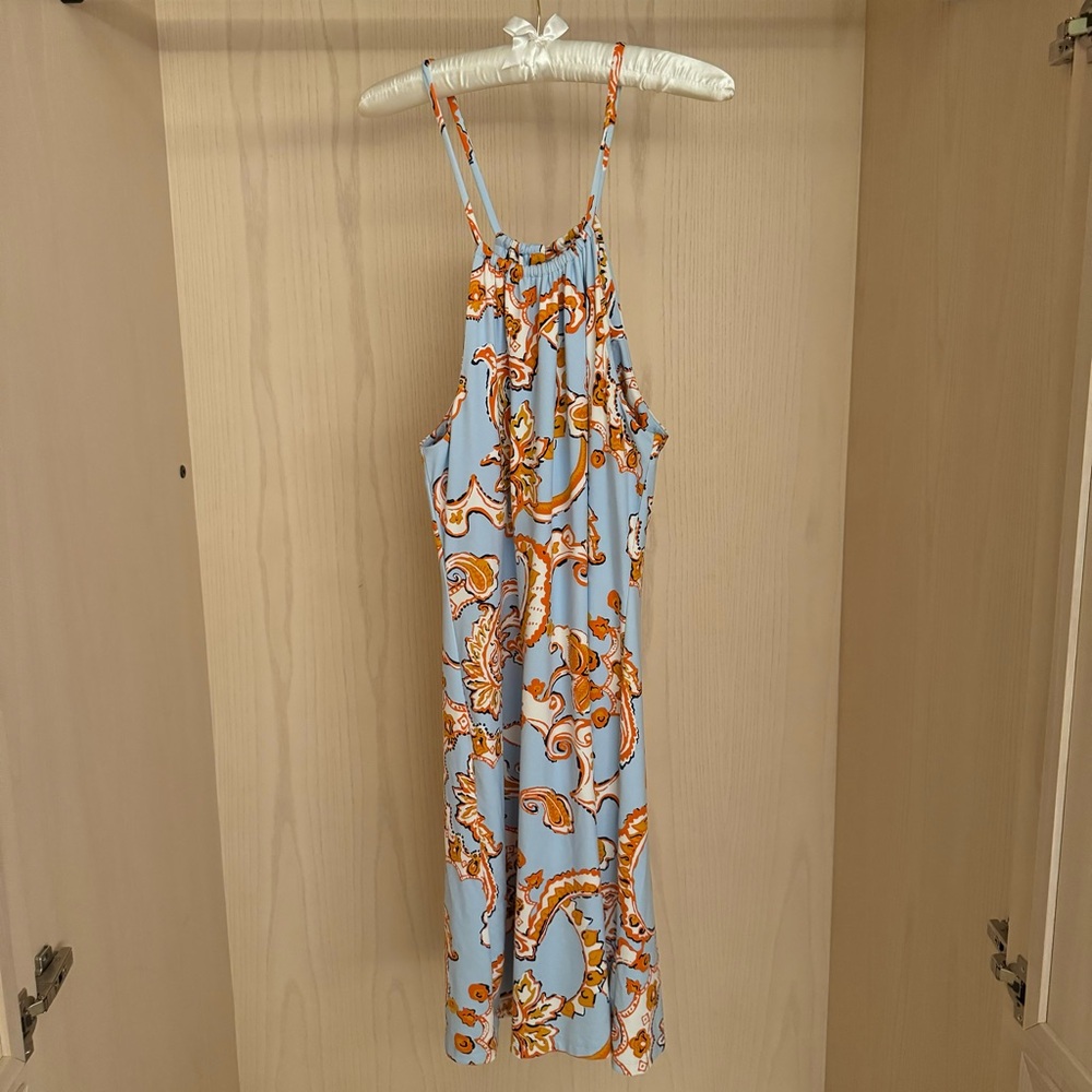 J. McLaughlin Sky Blue and Orange Paisley Halter Mini Dress
